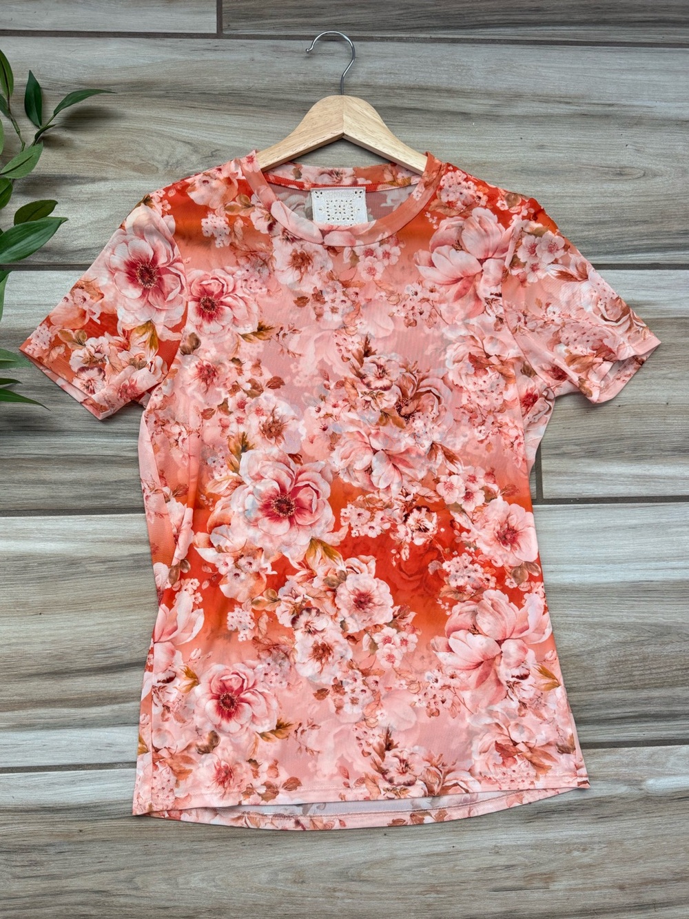 Johnny Was Jade Yours Truly Mesh Tee M Pink Peach Floral Boho Sheer